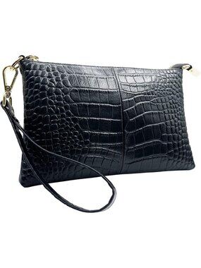 〽️Women Crocodile Black Leather Wristlet Wallet Phone Bags Wallet Clutch Purses
